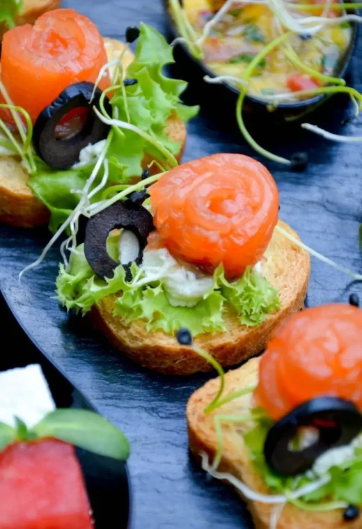 zoomed in image of dished up food on a tray
