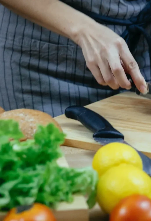 table with food and chopping board