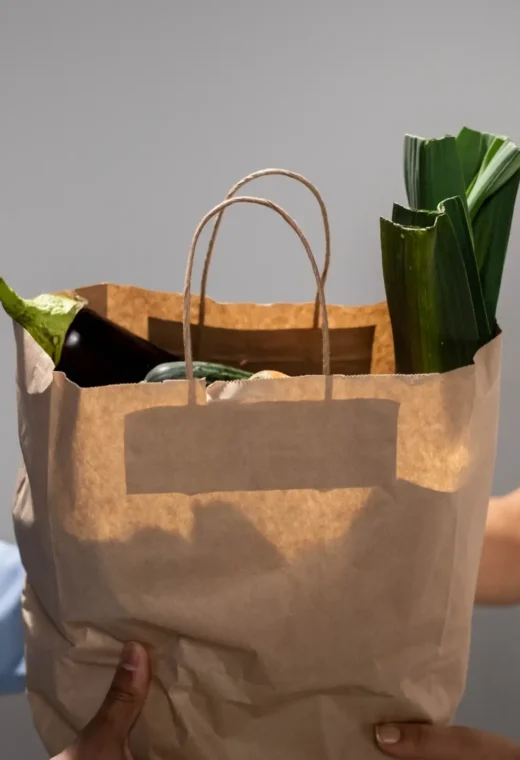 two people holding a brown paper bag with vegetables